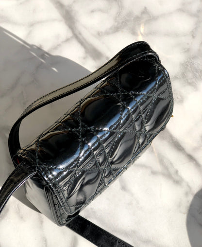 Christian Dior Cannage Lady dior Patent leather Crossbody Small Shoulder bag Black 8xicb6