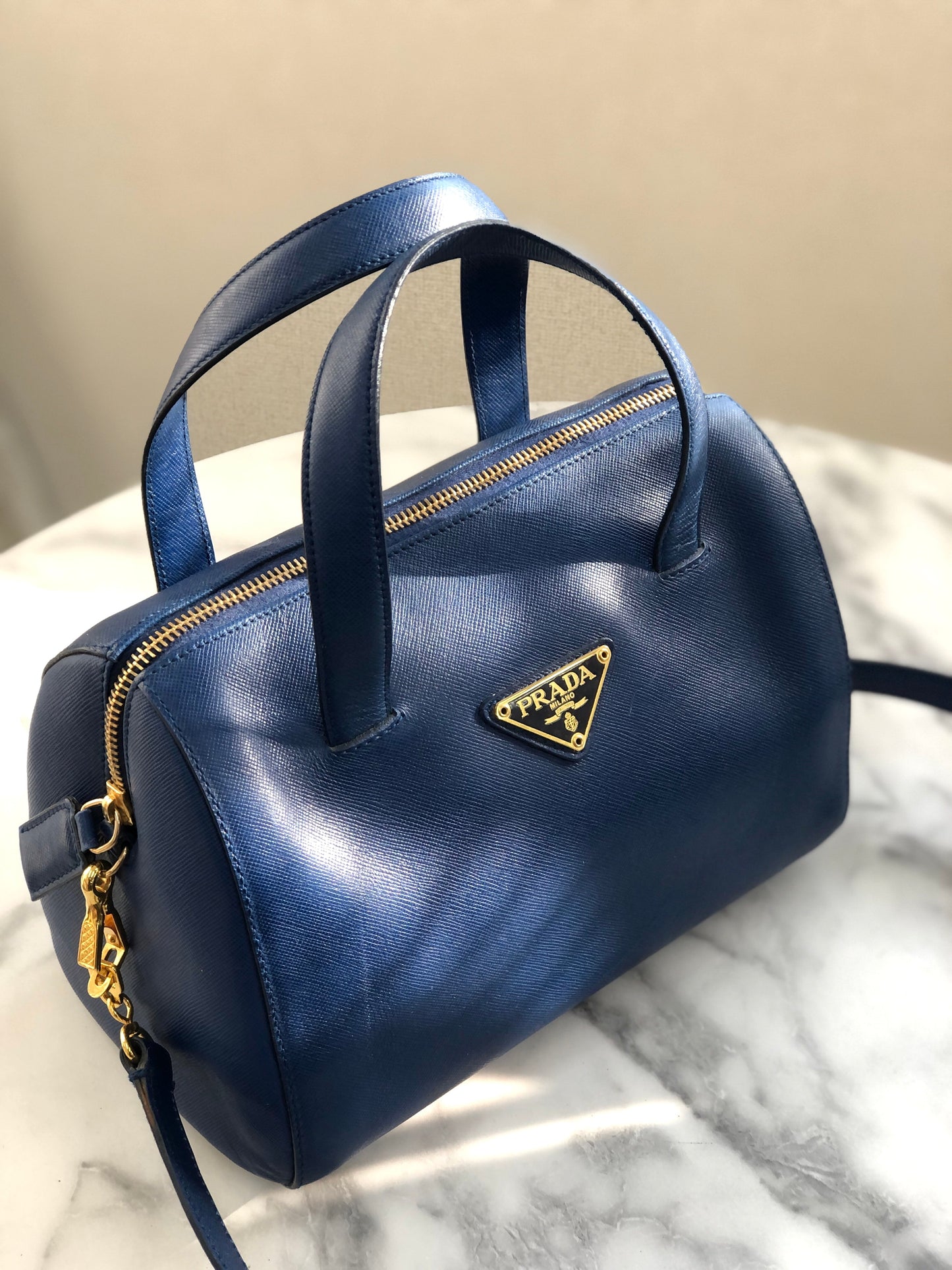 PRADA Triangle logo Saffiano leather Boston bag Crossbody Shoulder bag Blue Vintage mghj7s