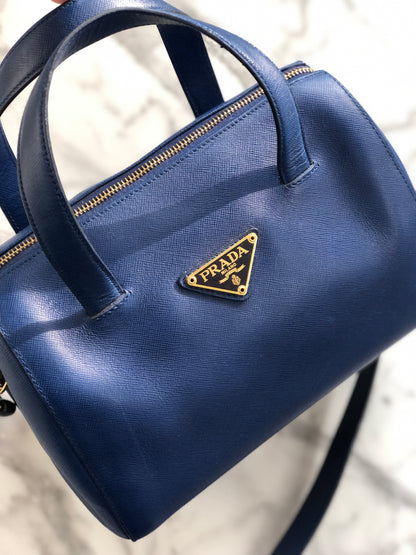 PRADA Triangle logo Saffiano leather Boston bag Crossbody Shoulder bag Blue Vintage mghj7s
