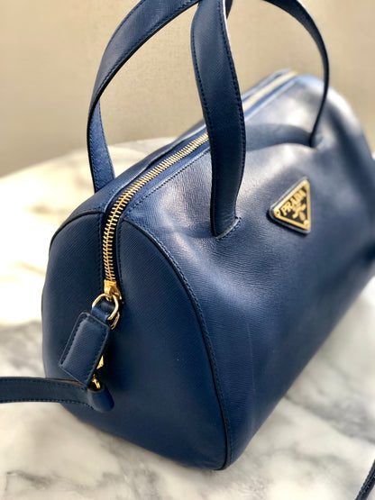 PRADA Triangle logo Saffiano leather Boston bag Crossbody Shoulder bag Blue Vintage mghj7s
