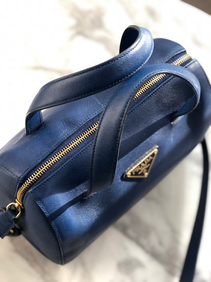 PRADA Triangle logo Saffiano leather Boston bag Crossbody Shoulder bag Blue Vintage mghj7s