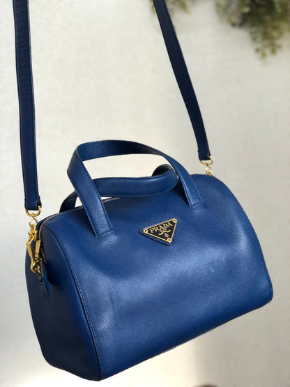 PRADA Triangle logo Saffiano leather Boston bag Crossbody Shoulder bag Blue Vintage mghj7s