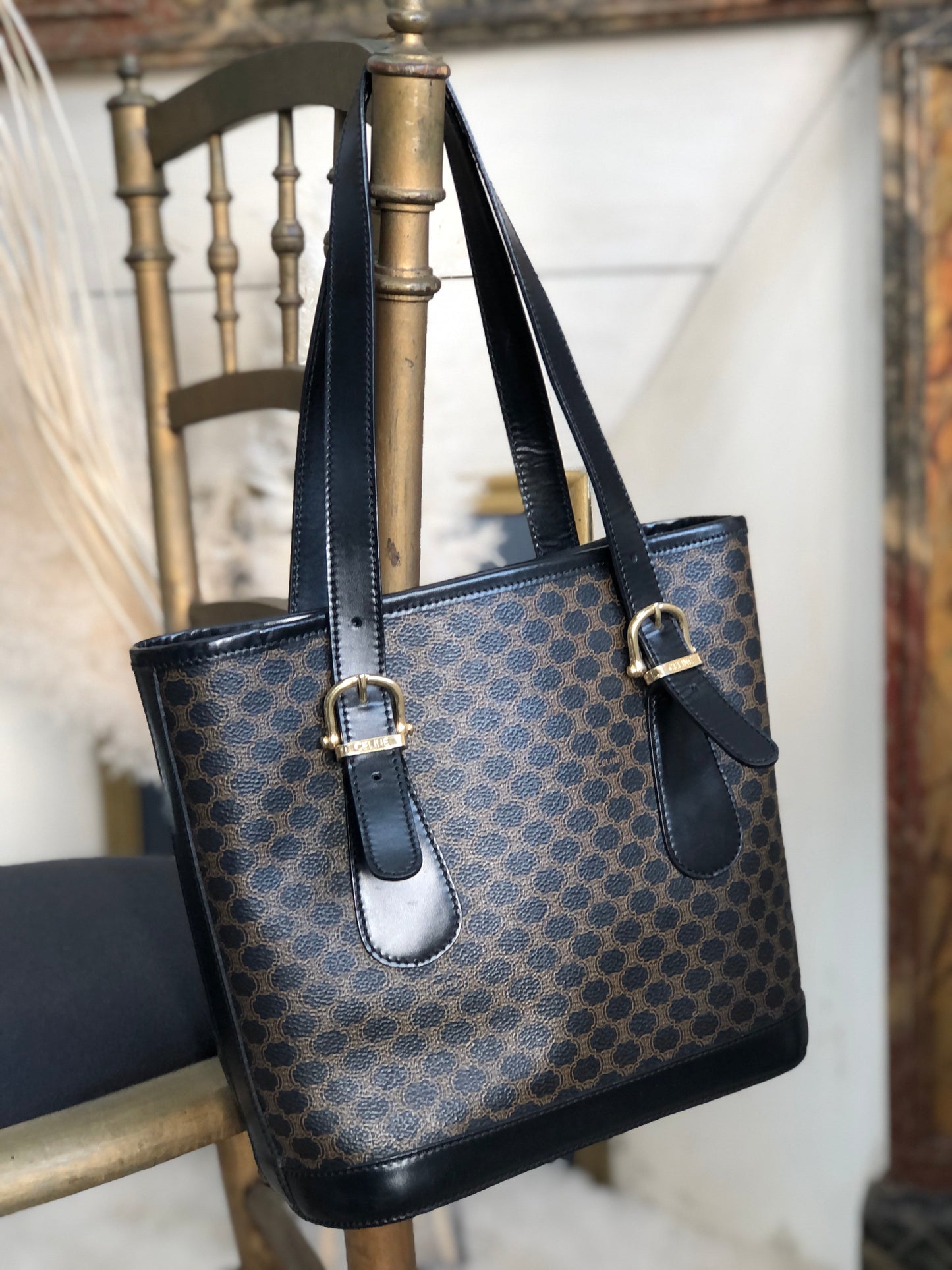 CELINE Macadam Tote bag Black Vintage Old celine　628gkb
