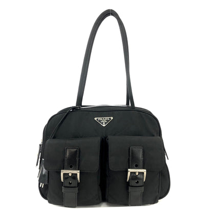 PRADA Triangle logo Double pocket Nylon Shoulder bag handbag Black Vintage Old icjnth