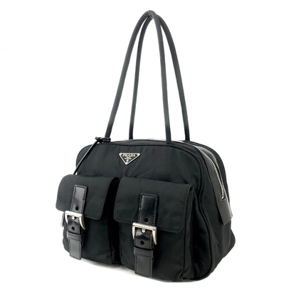 PRADA Triangle logo Double pocket Nylon Shoulder bag handbag Black Vintage Old icjnth