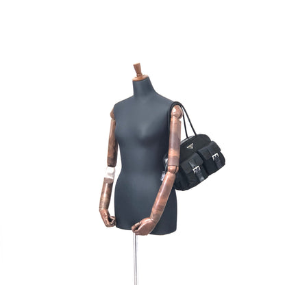 PRADA Triangle logo Double pocket Nylon Shoulder bag handbag Black Vintage Old icjnth