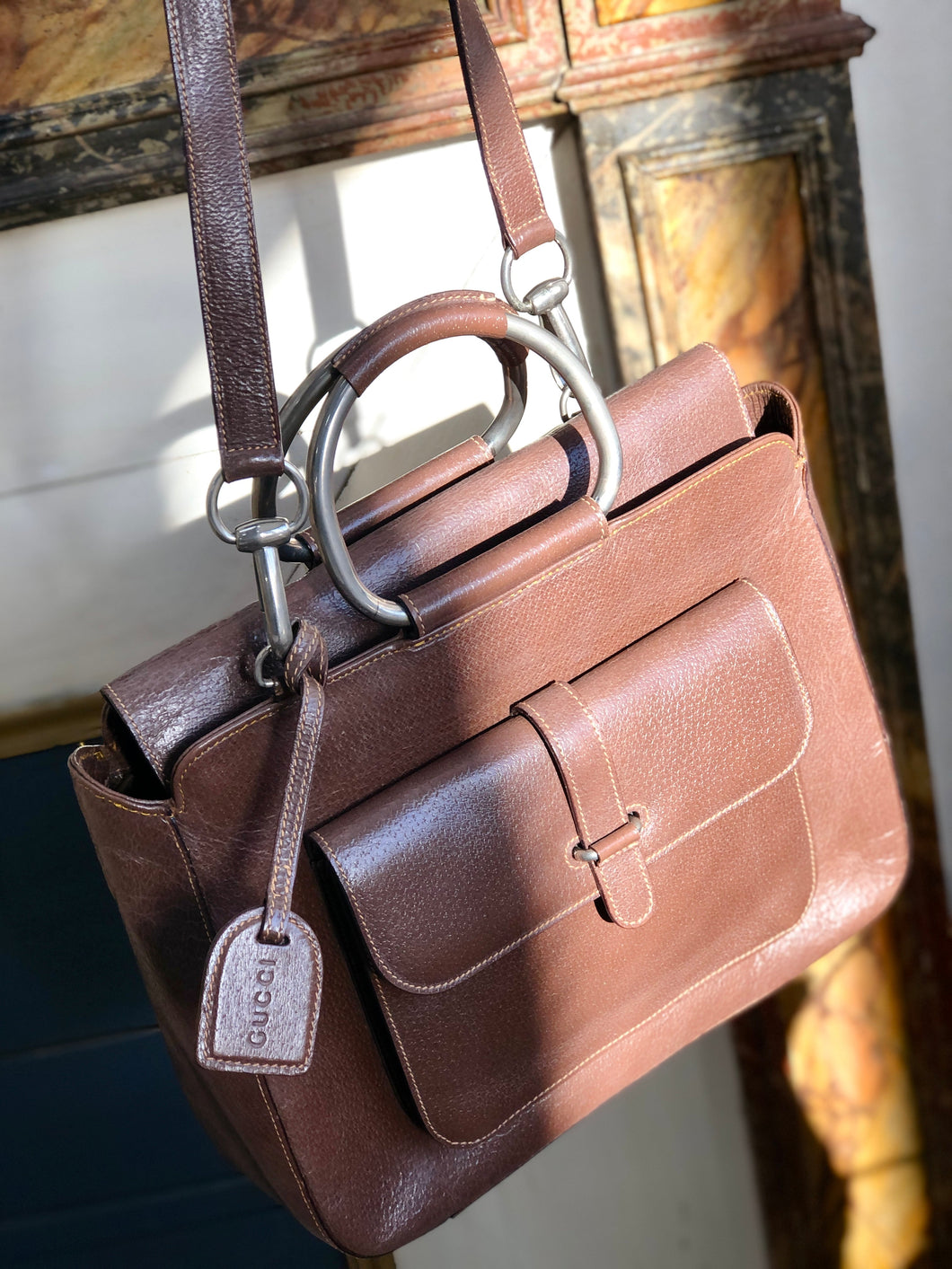 GUCCI Metal handle Leather Handbag Shoulder bag Brown Old gucci Vintage ijdcnf