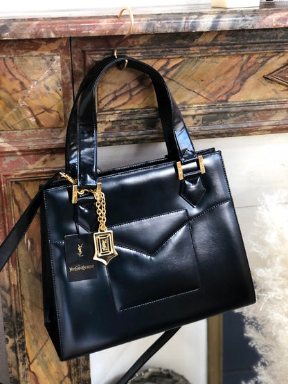 Yves Saint Laurent YSL logo charm Handbag Shoulder bag Black Vintage Old fgbhs2