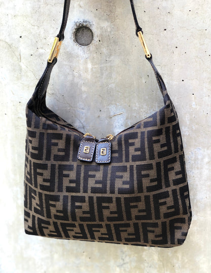 FENDI Zucca Double zipper Hobo Jacquard Shoulder bag Brown Vintage Old waiexe