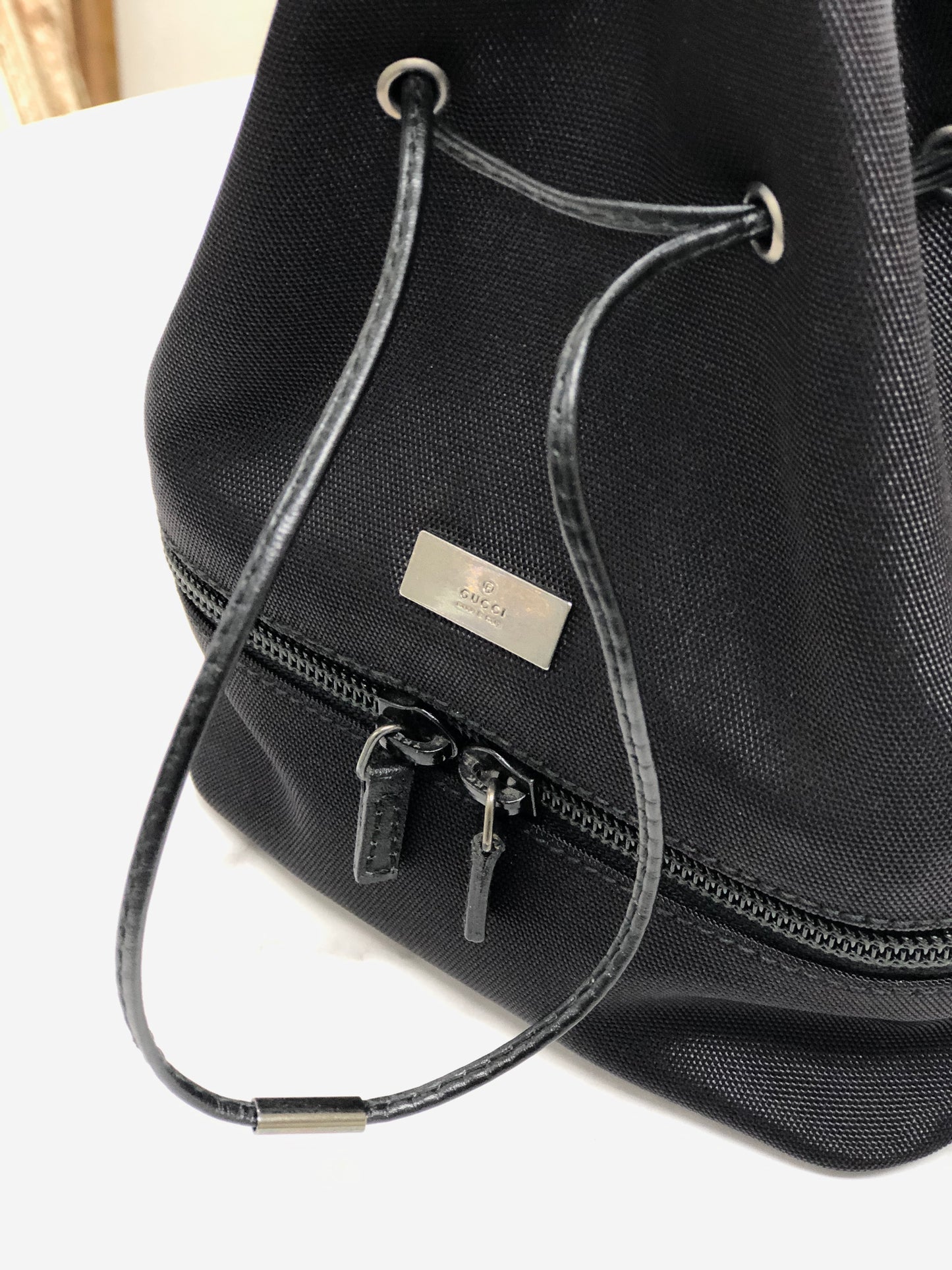 GUCCI Logo Nylon Drawstring Mini Handbag Black Vintage Old Gucci atyxbe