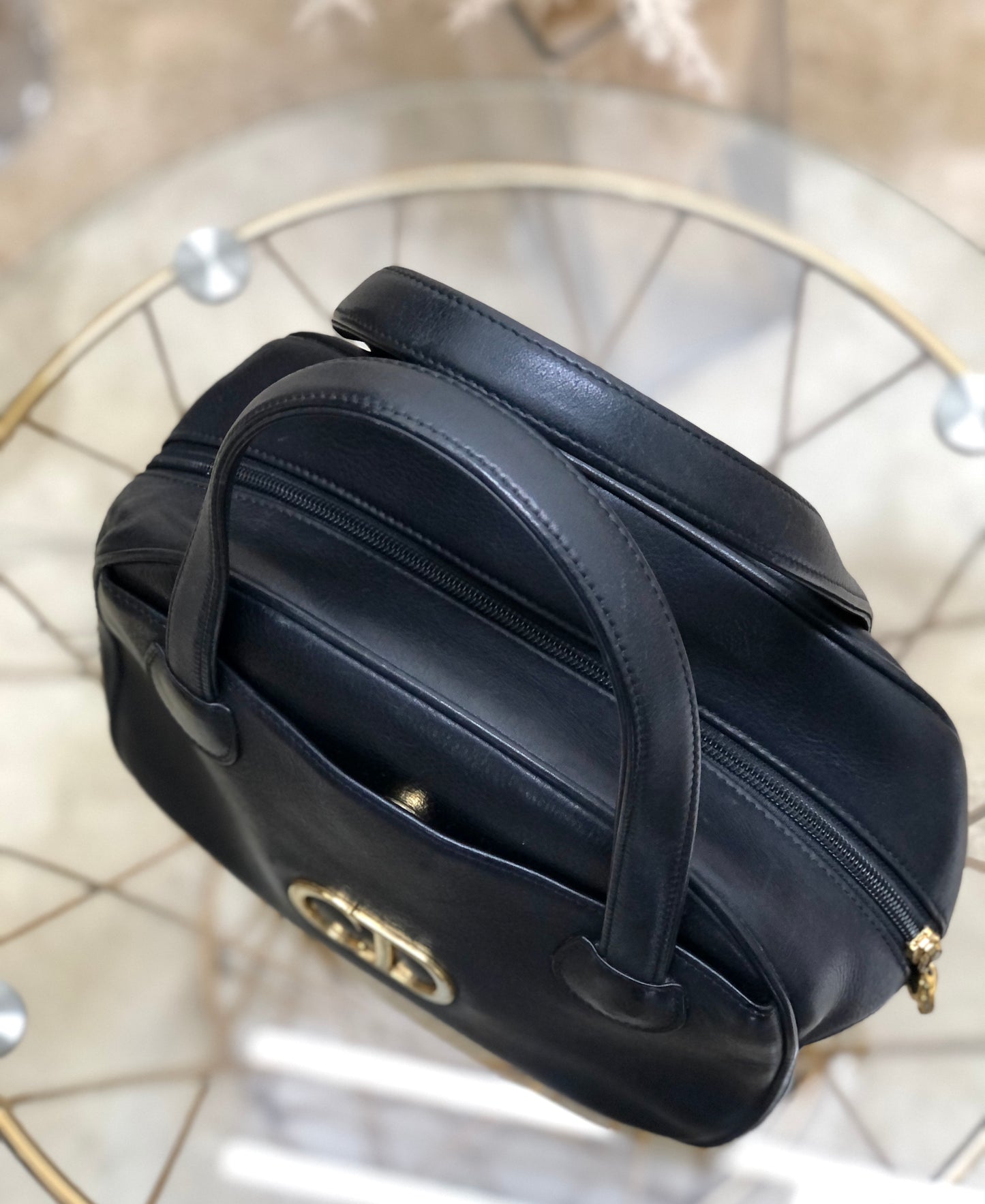 Christian Dior CD motif Embossed Leather Handbag Black Vintage Old c7ce8c