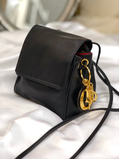 Christian Dior Cannage Logo Charm 皮革迷你包款肩背包 Pochette 黑色復古舊 g8k6nf