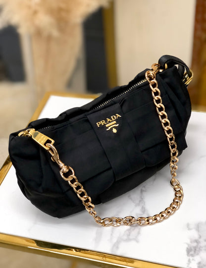 PRADA Logo Ribbon Chain Nylon Handbag Black vintage old x4bpts