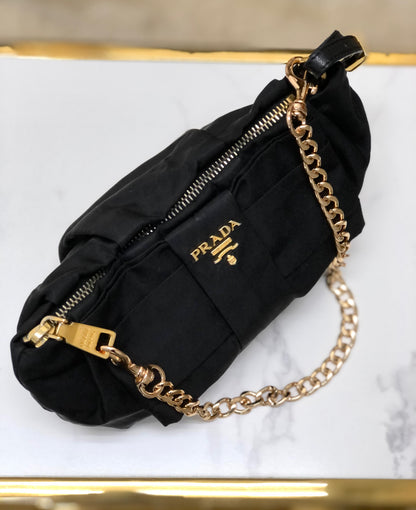 PRADA Logo Ribbon Chain Nylon Handbag Black vintage old x4bpts