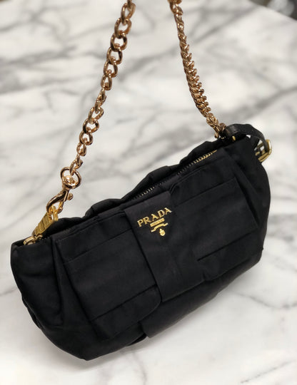 PRADA Logo Ribbon Chain Nylon Handbag Black vintage old x4bpts