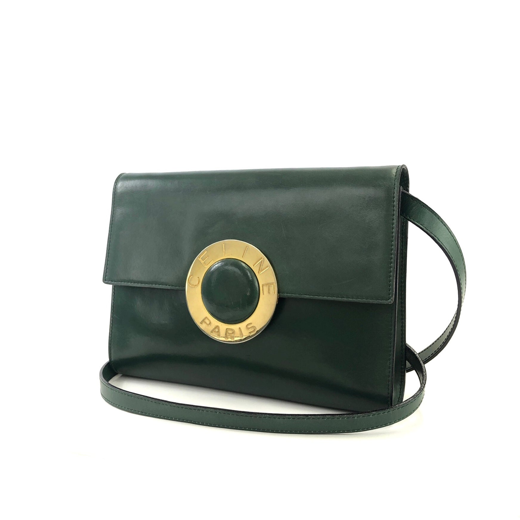 CELINE Circle logo Leather Shoulder bag Clutch bag Green Vintage Old C –  VintageShop solo