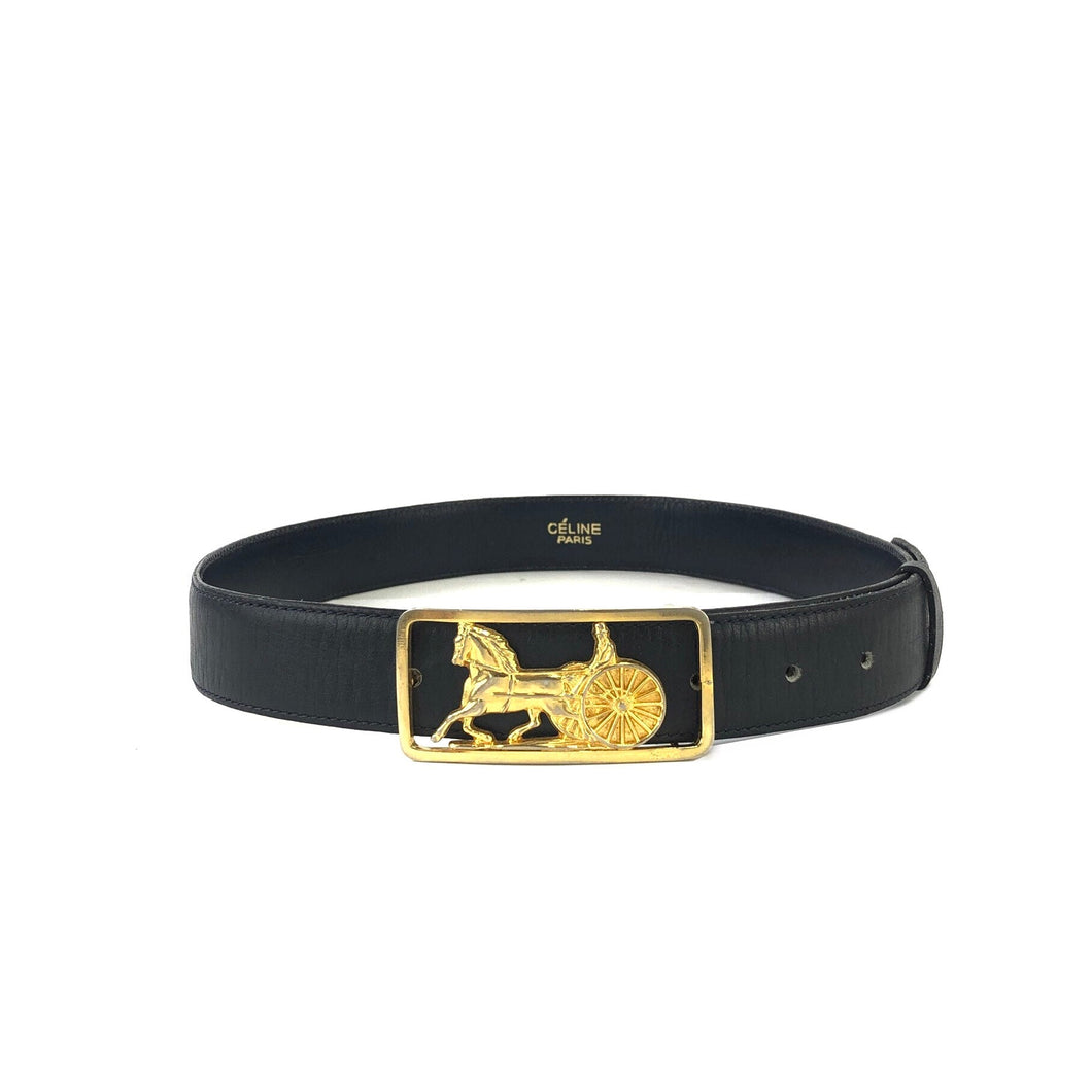 CELINE Horse carriage Leather Belt Black Vintage Old Celine rkdugh