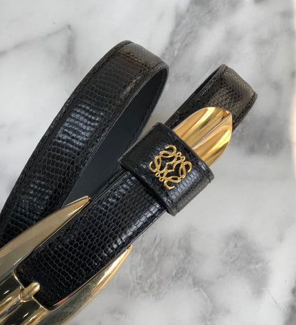 LOEWE Anagram Lizard embossed Belt Black Vintage Old wuern6