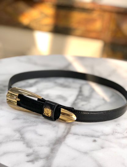 LOEWE Anagram Lizard embossed Belt Black Vintage Old wuern6