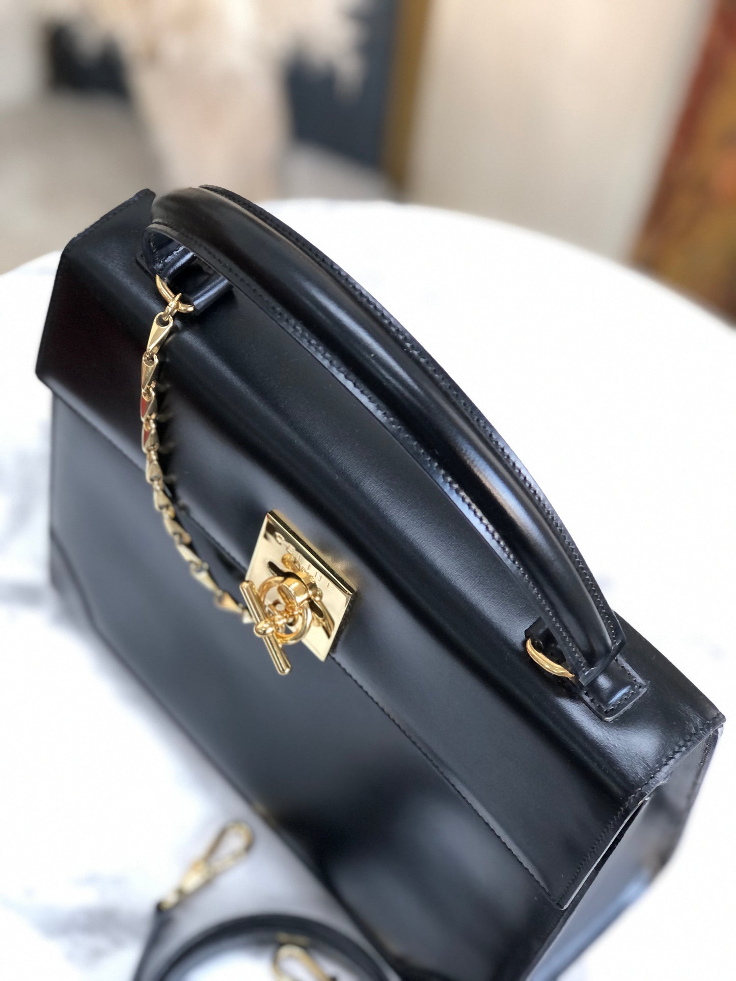CELINE Mantel Chain Gancini Handbag Crossbody Shoulder bag Black Vintage Old Celine 7vuth5