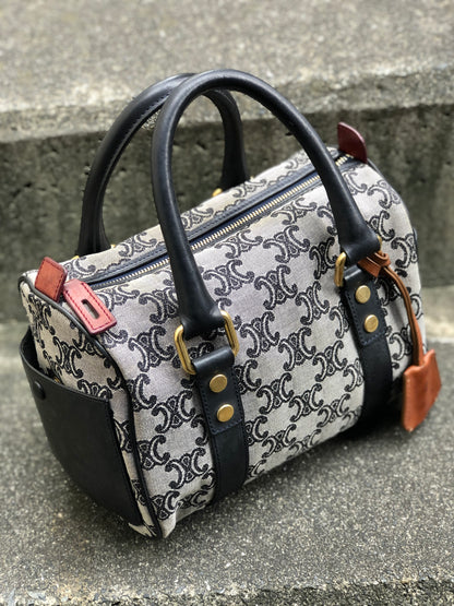 CELINE Triomphe pattern Jacquard Mini boston bag Handbag Black Vintage Old Celine 8egcyx