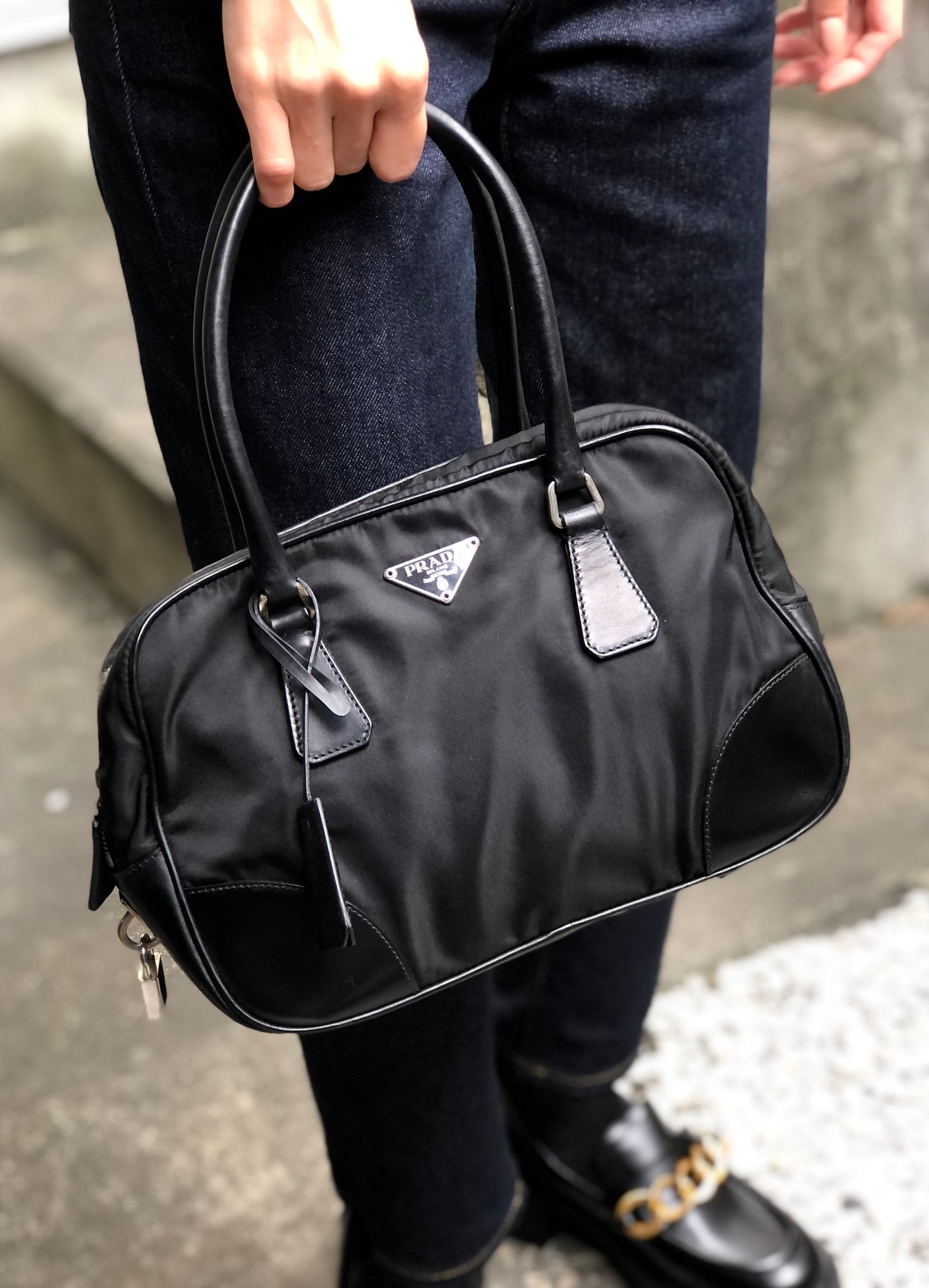Prada Triangle Leather Shoulder Bag, Women, Black