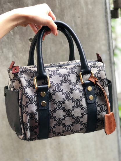 CELINE Triomphe pattern Jacquard Mini boston bag Handbag Black Vintage Old Celine 8egcyx