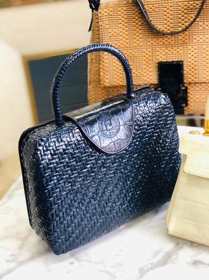 FENDI logo patent combination crocodile embossed basket bag handbag navy vintage old ckbwun