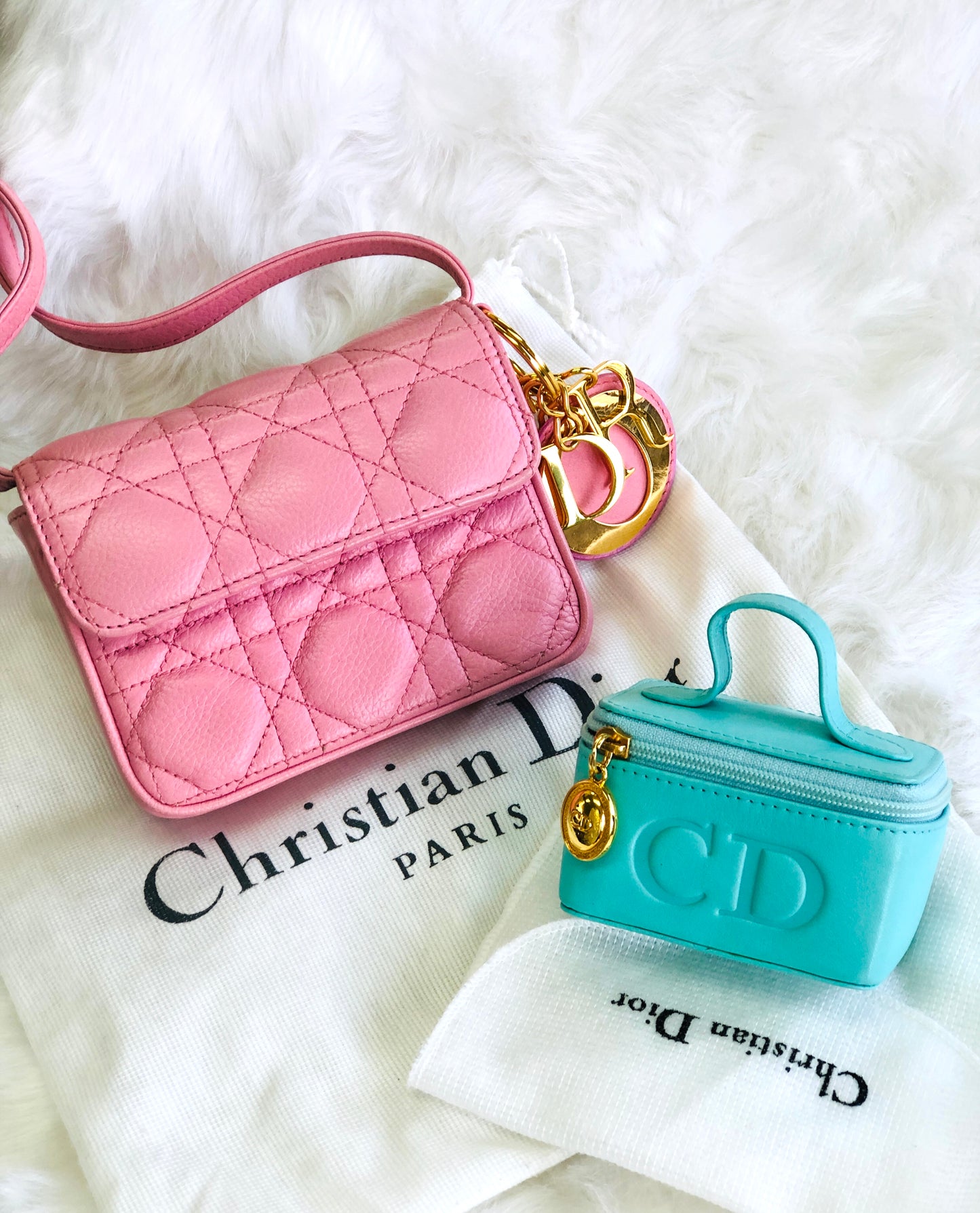 Christian Dior CD charm embossed leather cannage lady dior mini bag pochette shoulder bag pink vintage old xvff7k