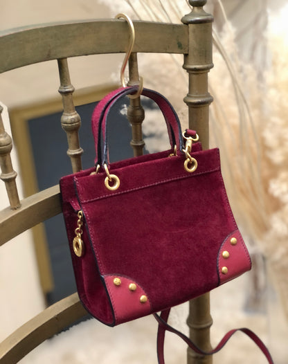 CELINE 鉚釘迷你包2way方形絨面革肩包手提包酒紅色復古zp7fsi
