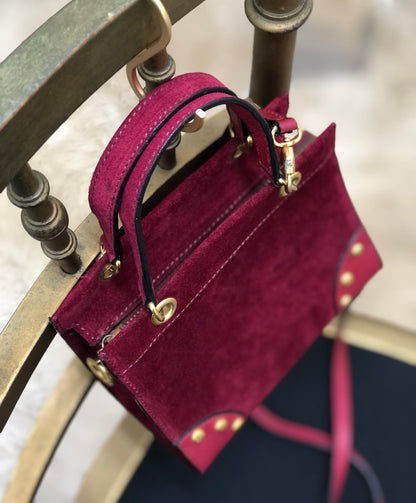 CELINE 鉚釘迷你包2way方形絨面革肩包手提包酒紅色復古zp7fsi