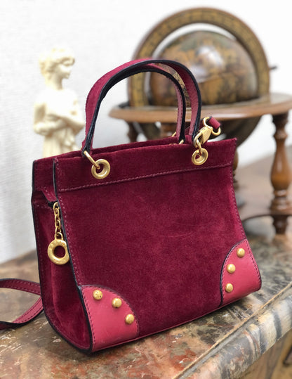 CELINE 鉚釘迷你包2way方形絨面革肩包手提包酒紅色復古zp7fsi