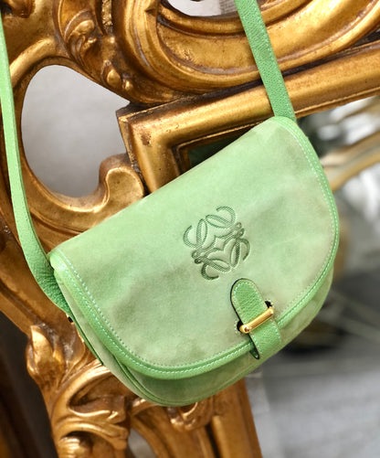LOEWE Anagram embossed Suede Round Shoulder bag Green Vintage Old dkjysw