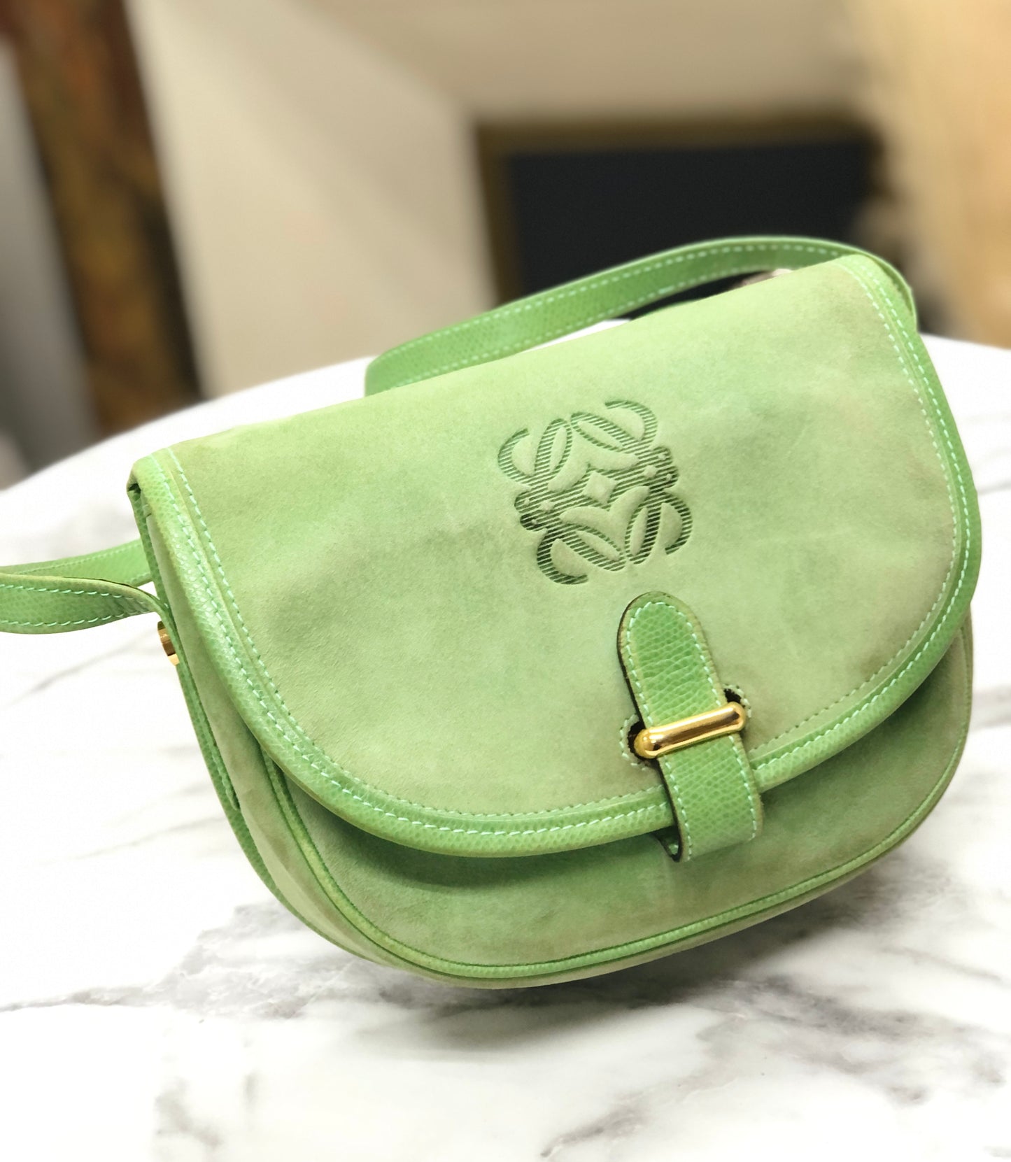 LOEWE Anagram embossed Suede Round Shoulder bag Green Vintage Old dkjysw