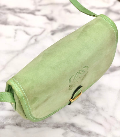 LOEWE Anagram embossed Suede Round Shoulder bag Green Vintage Old dkjysw