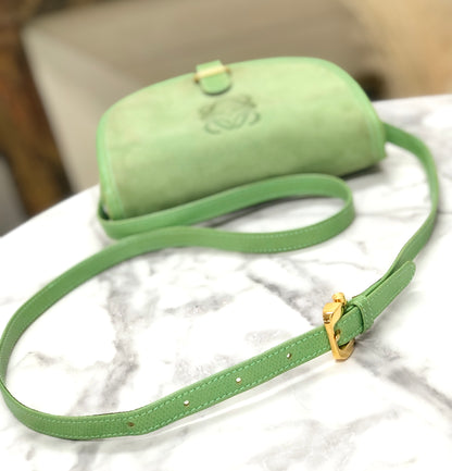 LOEWE Anagram embossed Suede Round Shoulder bag Green Vintage Old dkjysw