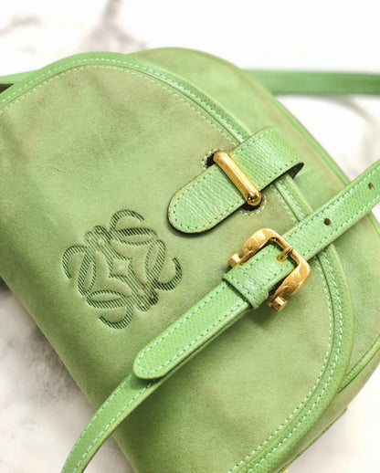 LOEWE Anagram embossed Suede Round Shoulder bag Green Vintage Old dkjysw