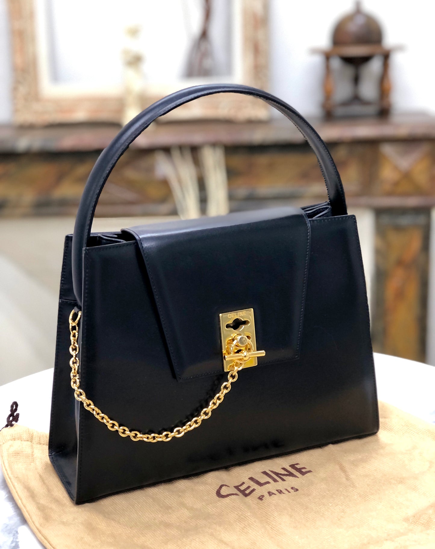 CELINE Mantel Chain Gancini Handbag Black Vintage Old Celine 52xyu2