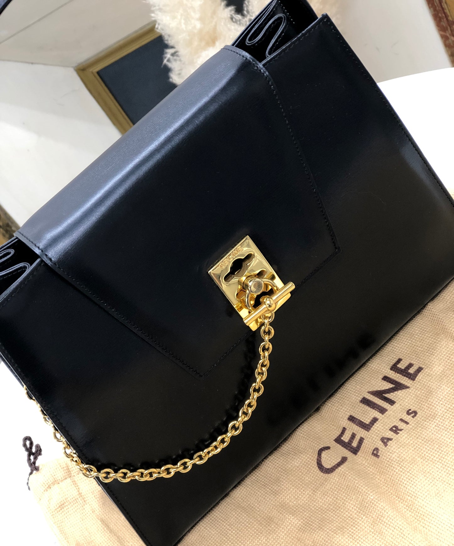 CELINE Mantel Chain Gancini Handbag Black Vintage Old Celine 52xyu2