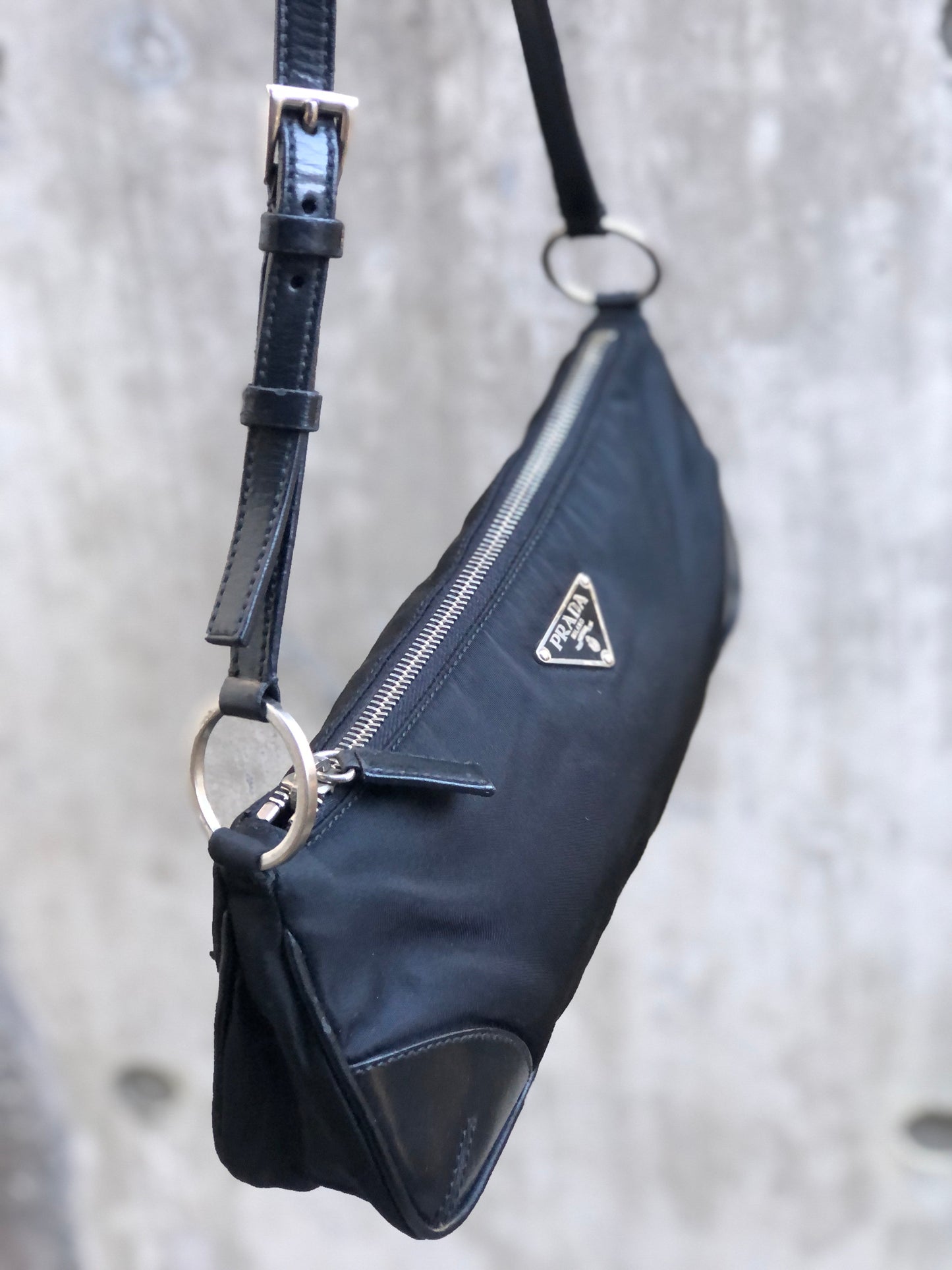 PRADA Triangle logo Nylon Hobobag Handbag Black Vintage Old 3shvkr