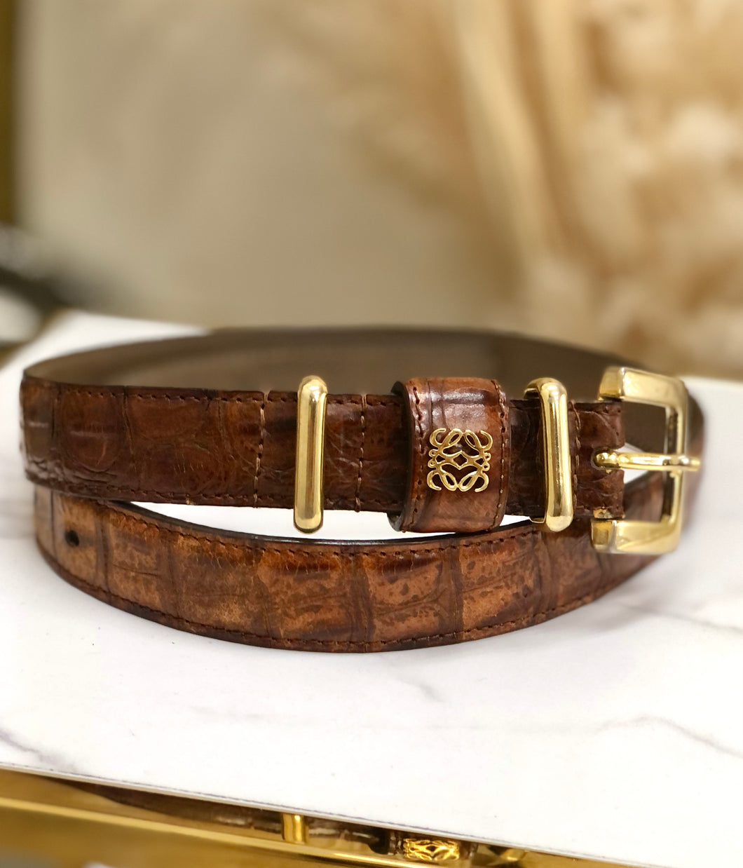 LOEWE Anagram motif Crocodile emboss Belt Brown Vintage Old j6mhr8