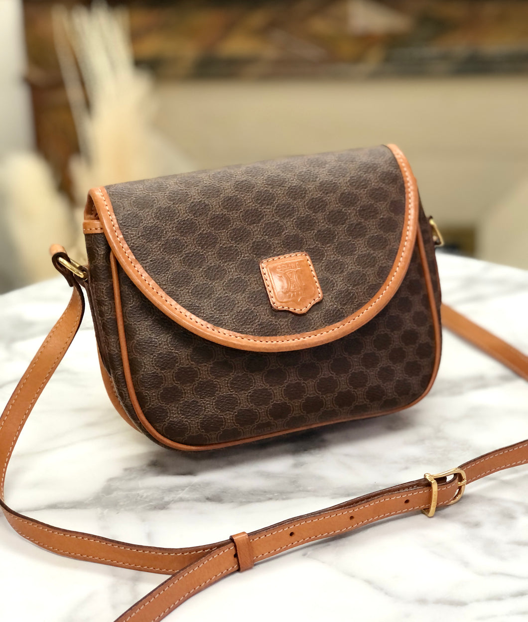 CELINE Macadam Blason embossed PVC leather flap pochette shoulder bag brown vintage old Celine 45pjbr