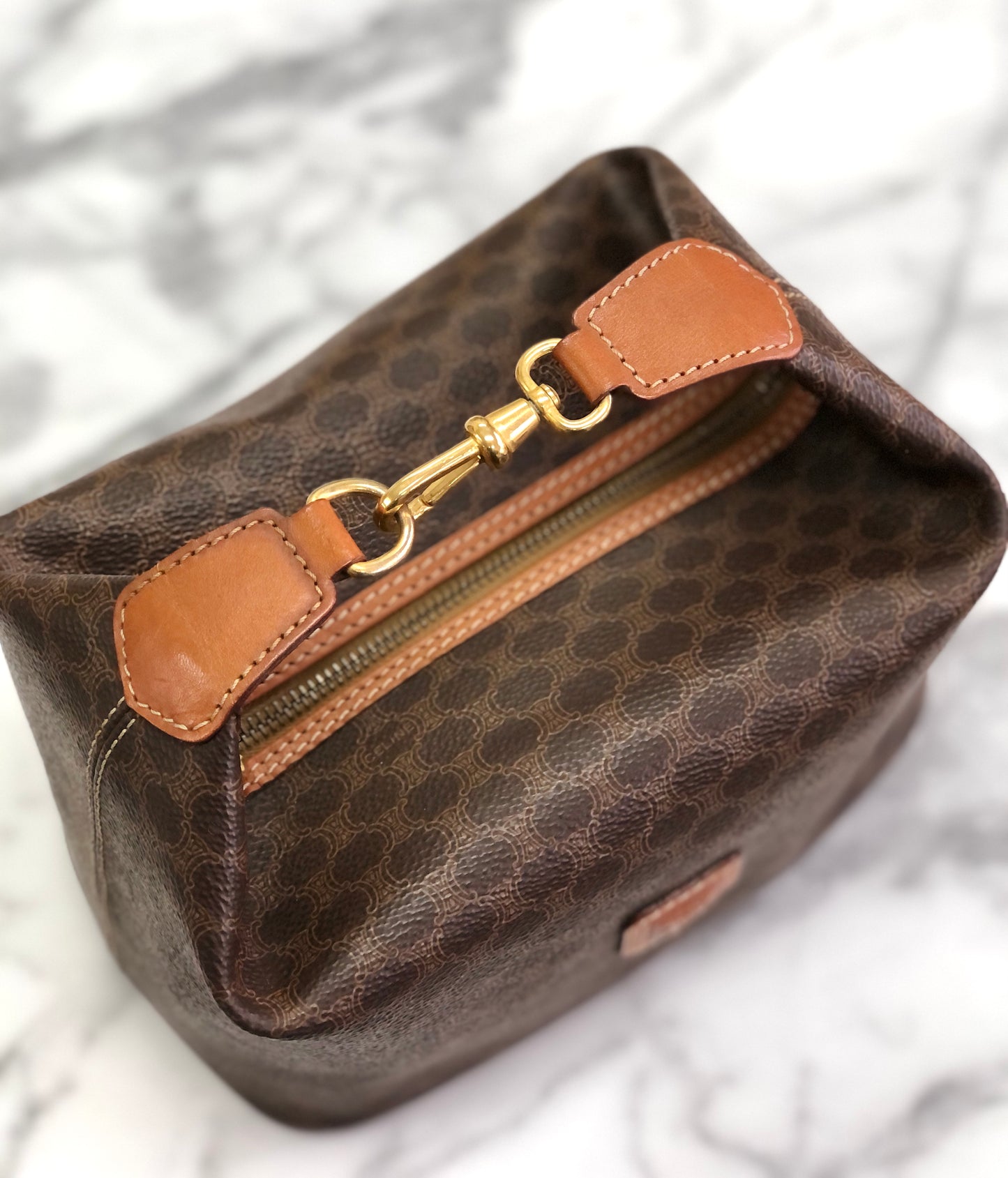 CELINE Macadam Blason embossed PVC leather mini bag vanity handbag brown vintage old Celine xn5chw