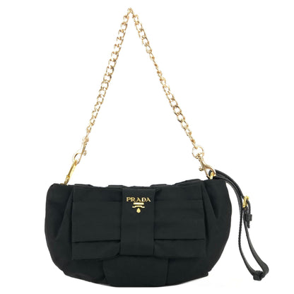 PRADA Logo Ribbon Chain Nylon Handbag Black vintage old x4bpts