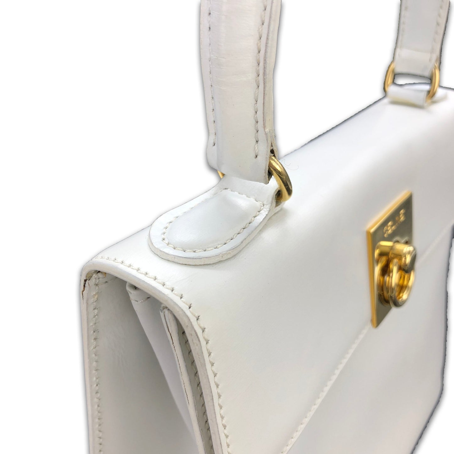 CELINE Gancini Mantel Kelly Leather Handbag 2WAY White Vintage Old 4fhnvz