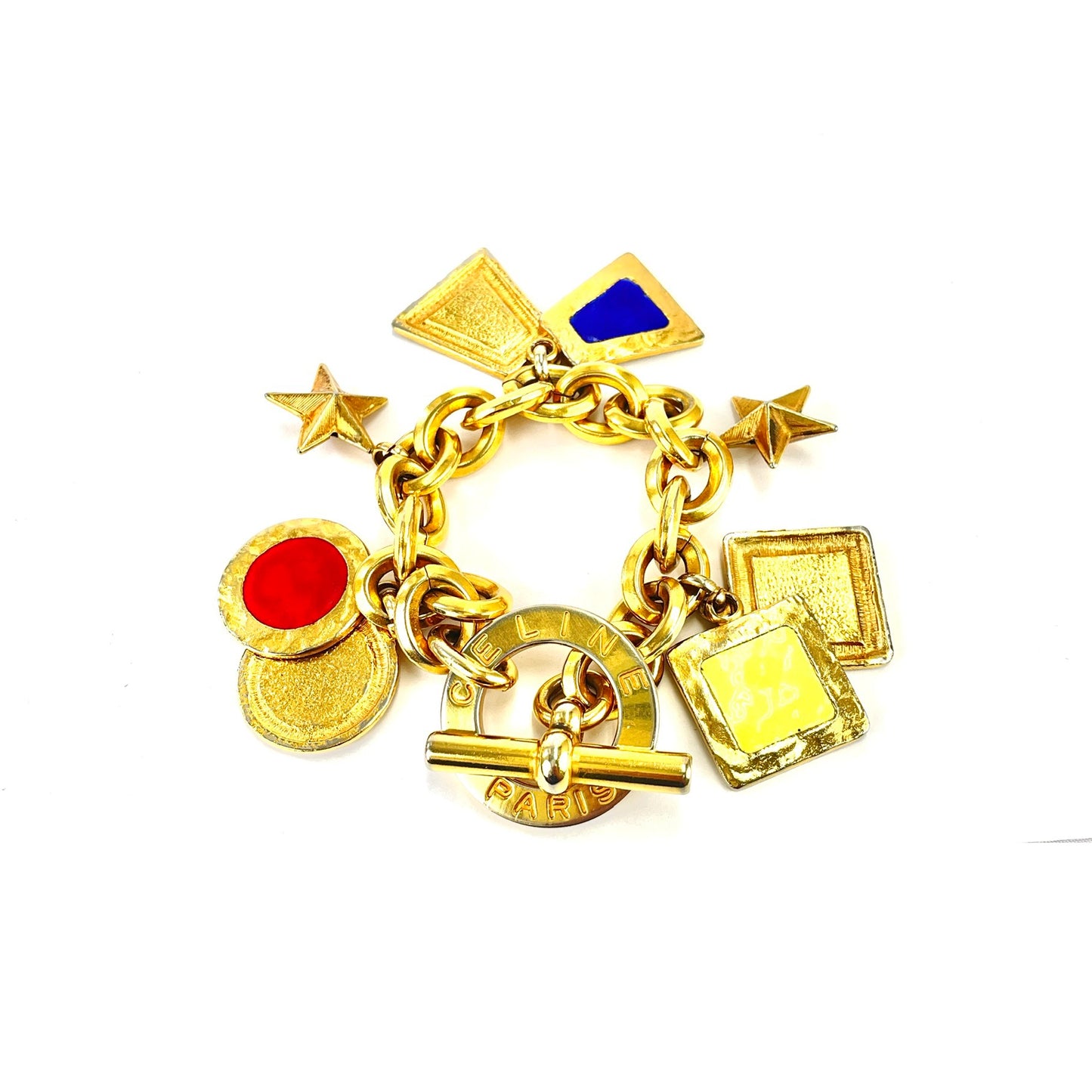 CELINE Logo Chene Dunkle Antique Star Bracelet Gold Red Vintage dxeabi