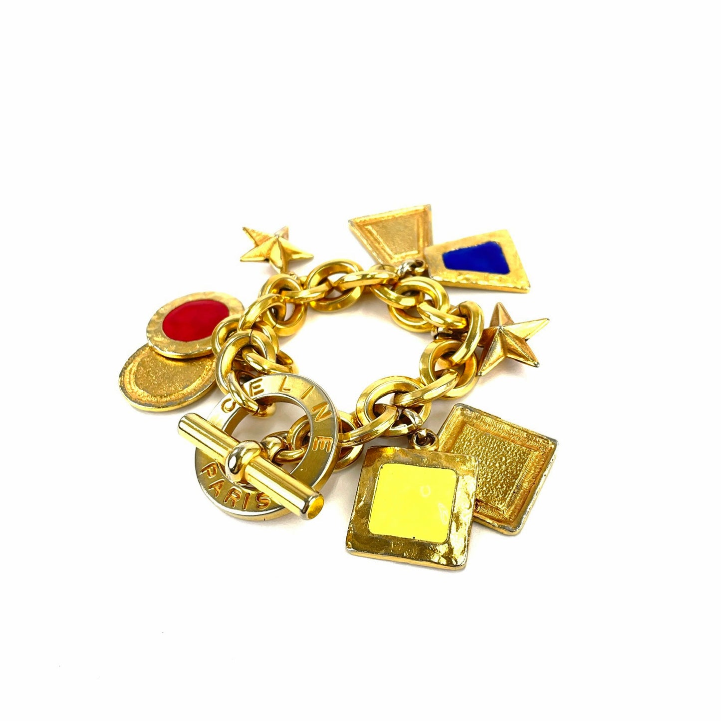 CELINE Logo Chene Dunkle Antique Star Bracelet Gold Red Vintage dxeabi