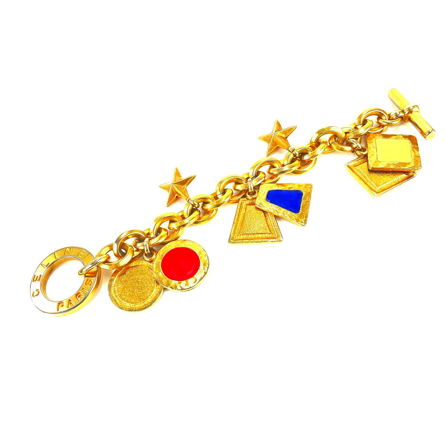 CELINE Logo Chene Dunkle Antique Star Bracelet Gold Red Vintage dxeabi