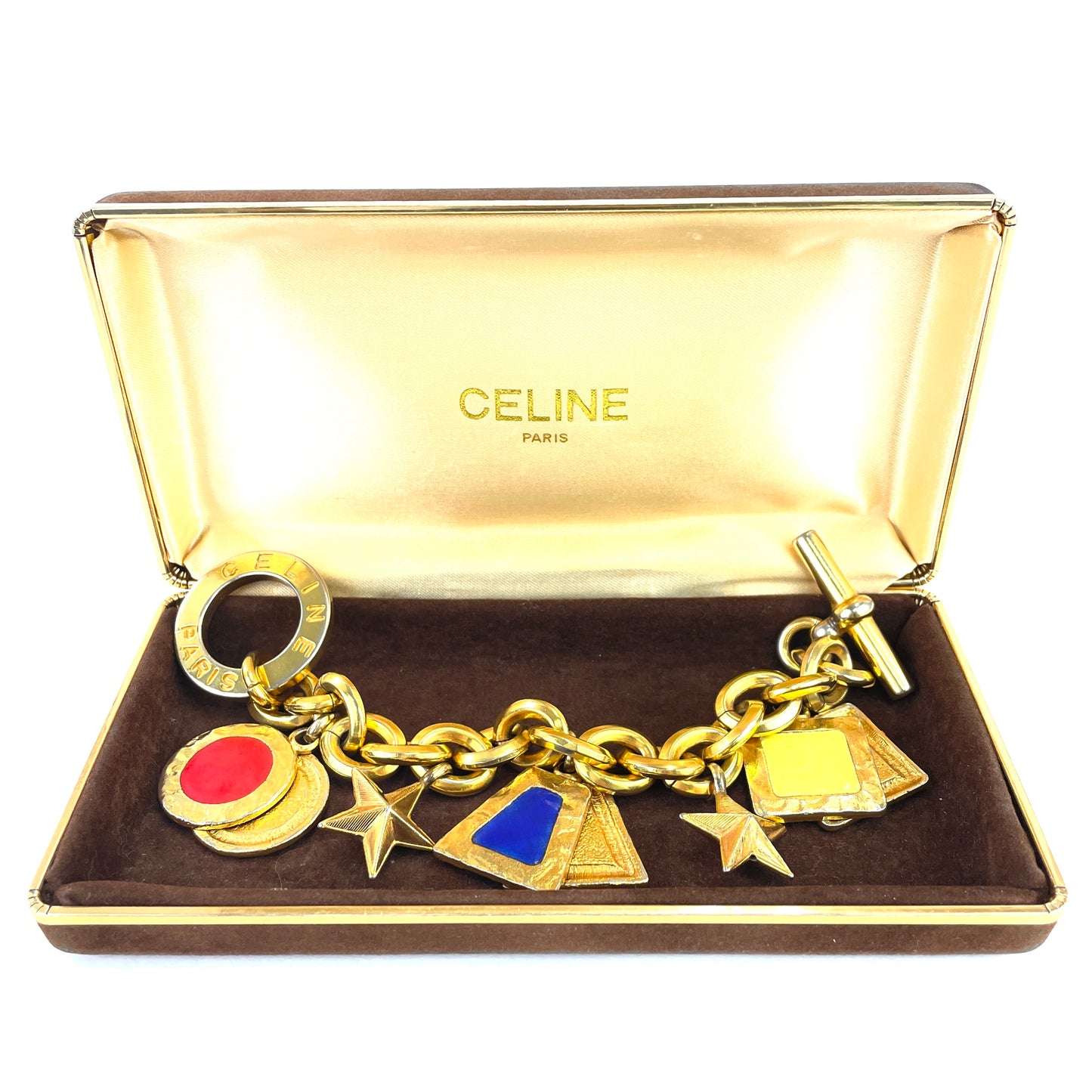 CELINE Logo Chene Dunkle Antique Star Bracelet Gold Red Vintage dxeabi