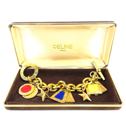 CELINE Logo Chene Dunkle Antique Star Bracelet Gold Red Vintage dxeabi